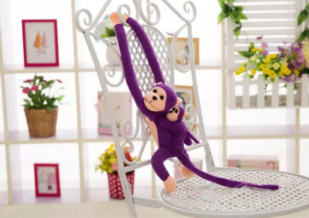 Pliušinė beždžionė su mažyliu, violetinė, 70 cm
