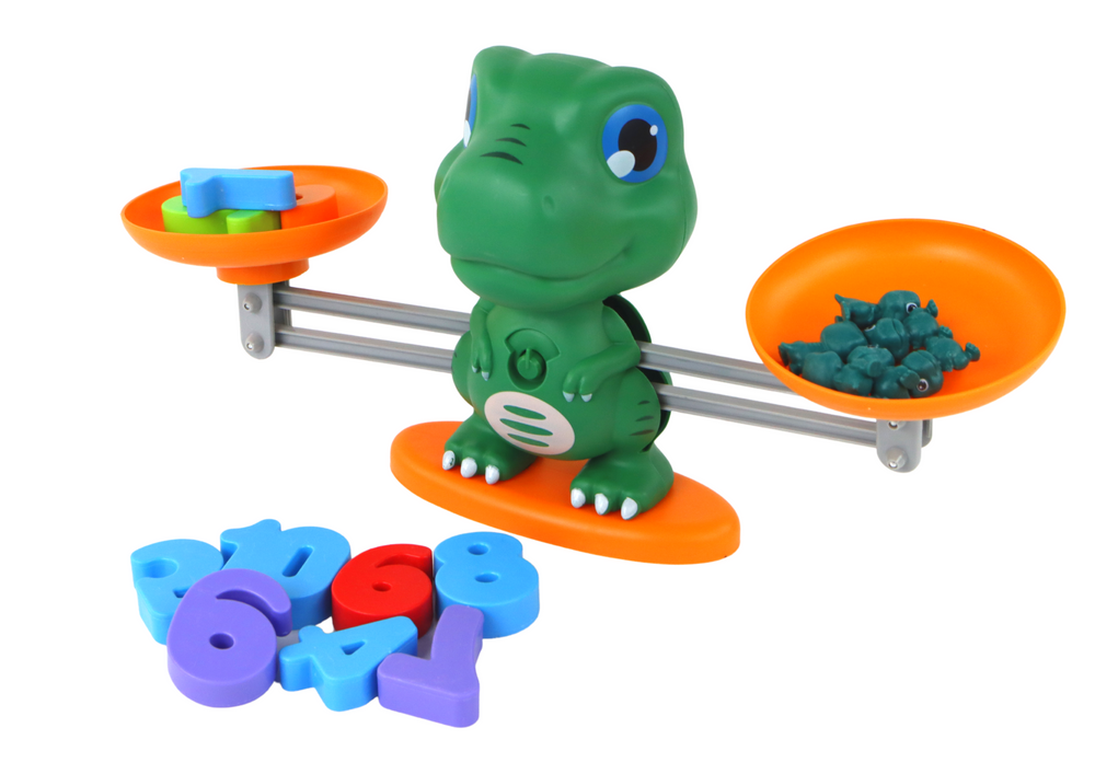 Matematinis žaidimas dinozauras su svarstyklėmis