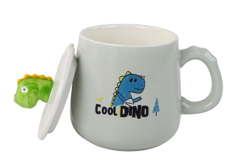 Mėlynas keramikinis puodelis su dinozauru ir dangteliu, 350 ml
