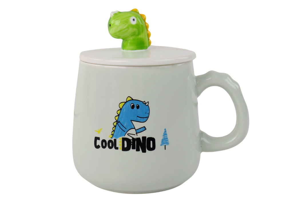 Mėlynas keramikinis puodelis su dinozauru ir dangteliu, 350 ml