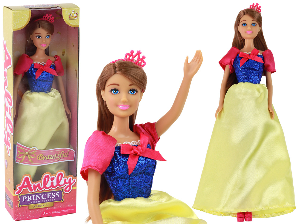 Anlily princesė su ilgu tamsiu plauku ir geltona suknele