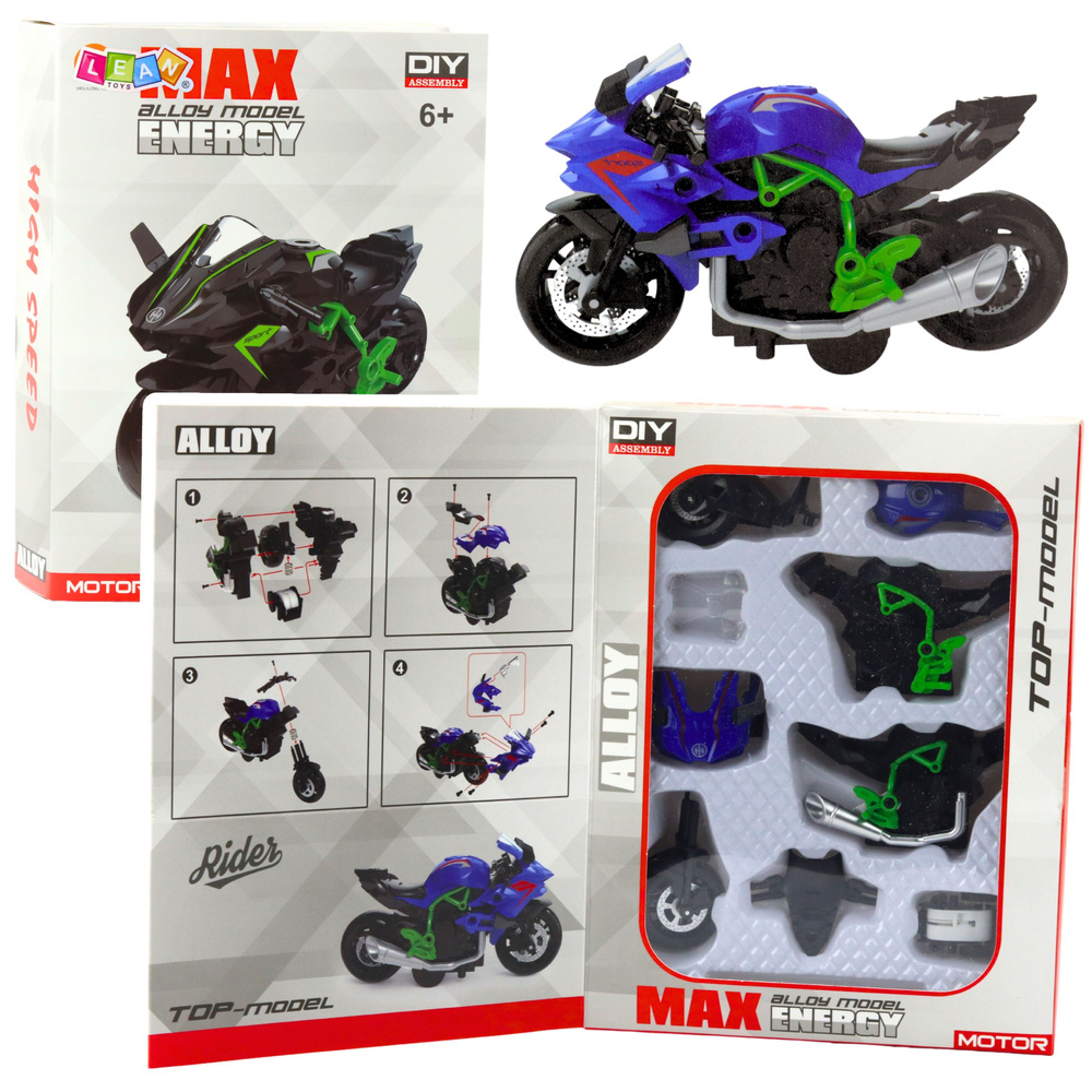 Surenkamas motociklo modelis 1:14 žalia-mėlyna