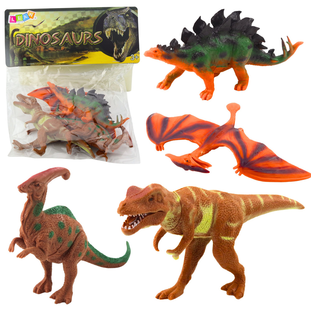Dinozaurų figūrėlių rinkinys: t-rex, pteranodonas, stegozauras, parazaurolofosas