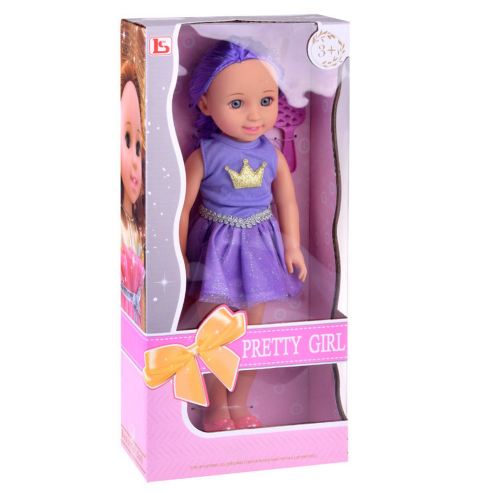 Lėlė su violetine suknele ir šukuosena