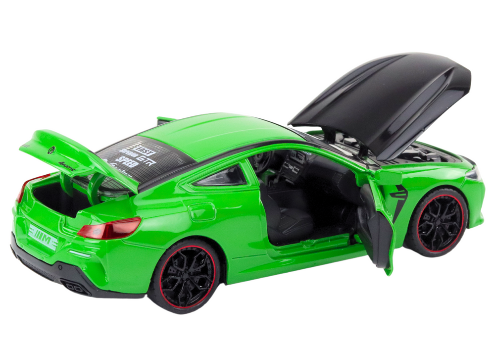 Žalias metalinis sportinis automobilis su trinties pavara 1:24