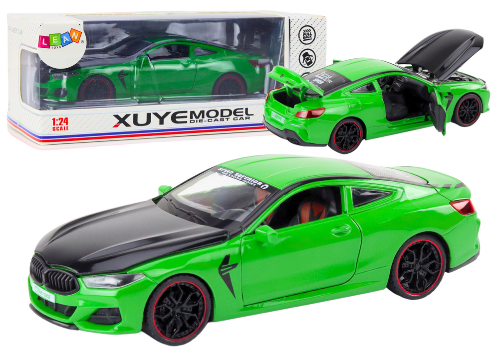 Žalias metalinis sportinis automobilis su trinties pavara 1:24