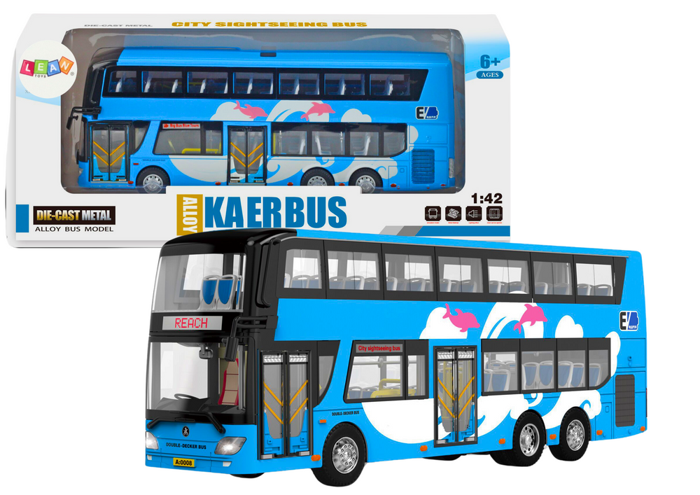 Dviaukštis autobusas 1:42 metalinis su šviesomis mėlynas