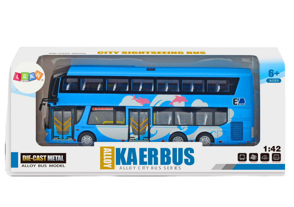 Dviaukštis autobusas 1:42 metalinis su šviesomis mėlynas