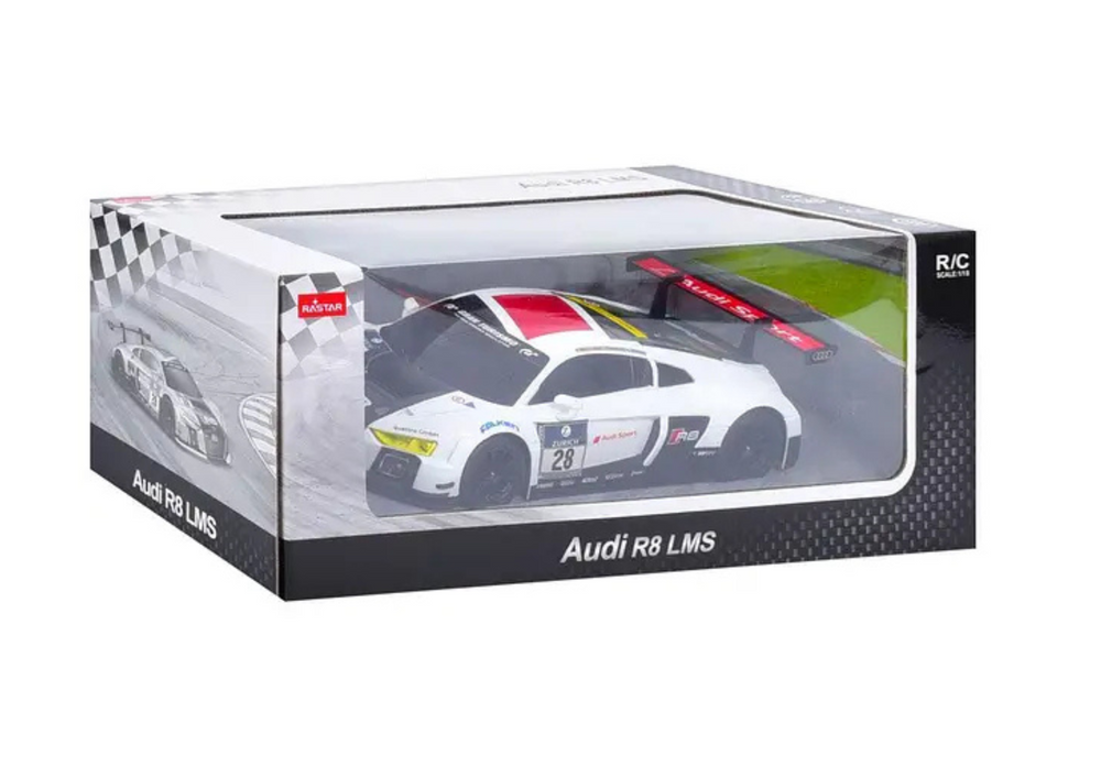 Nuotoliniu būdu valdomas sportinis automobilis audi r8 lms 1:24, baltas ir juodas