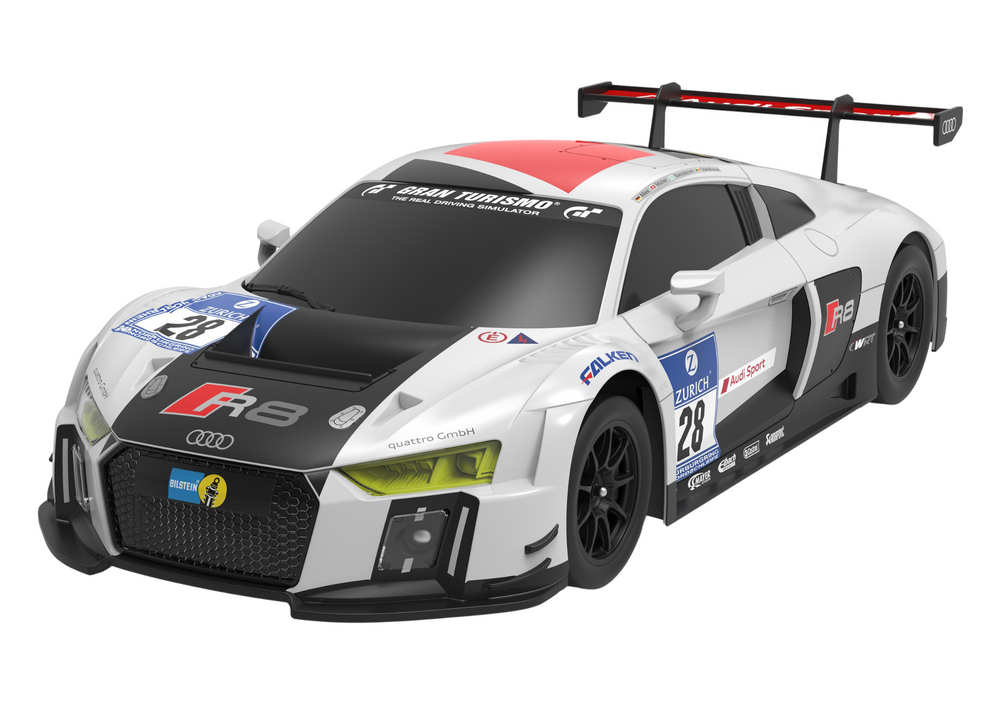 Nuotoliniu būdu valdomas sportinis automobilis audi r8 lms 1:24, baltas ir juodas