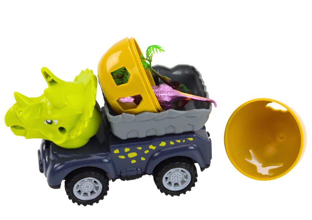 Automobilių ir Dinozaurų Rinkinys su Kiaušiniu ir Priekaba, 4 vnt.