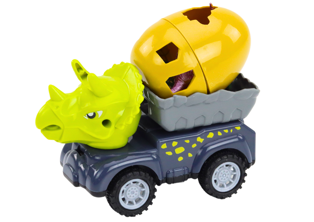Automobilių ir Dinozaurų Rinkinys su Kiaušiniu ir Priekaba, 4 vnt.