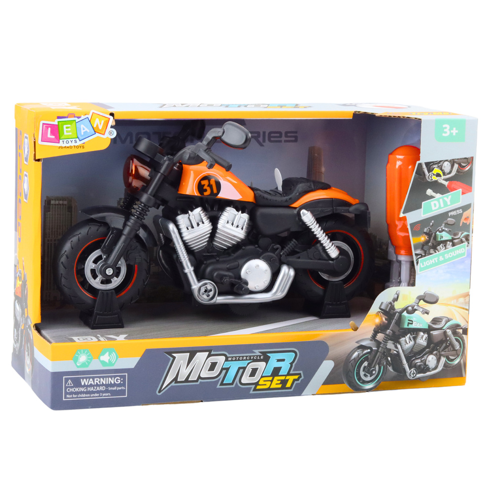Oranžinis motociklas su šviesos ir garso efektais