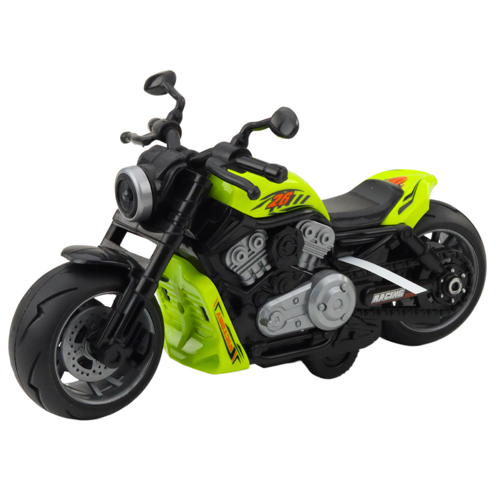 Žalias žaislinis motociklas su šviesos ir garsų efektais