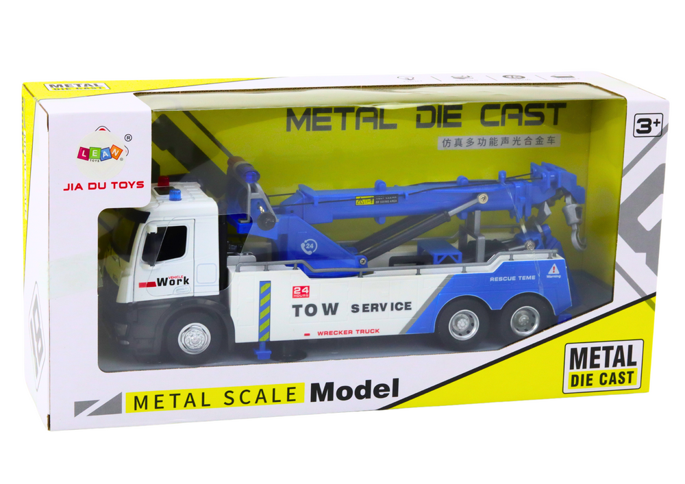 Baltas ir mėlynas sunkvežimis su kranu ir dviem metaliniais kabliais