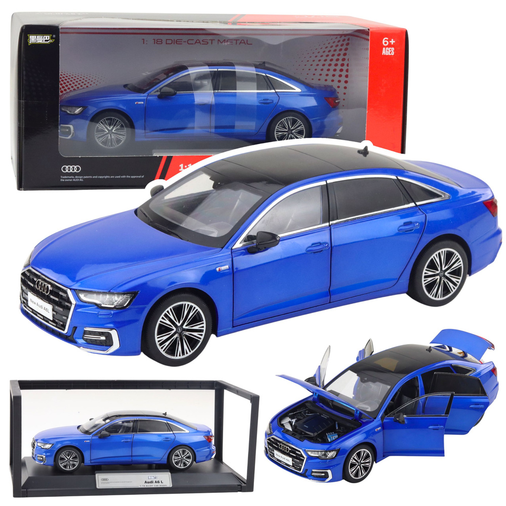 Audi a6 l 1:18 metalinis automobilis su šviesomis ir garsais, mėlyna