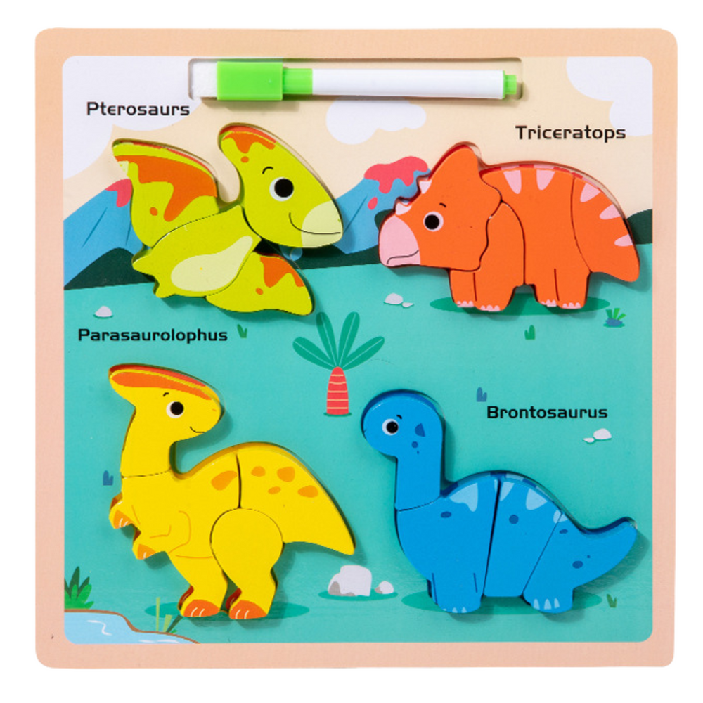 Medinė edukacinė dėlionė su dinozaurais ir piešimo lenta