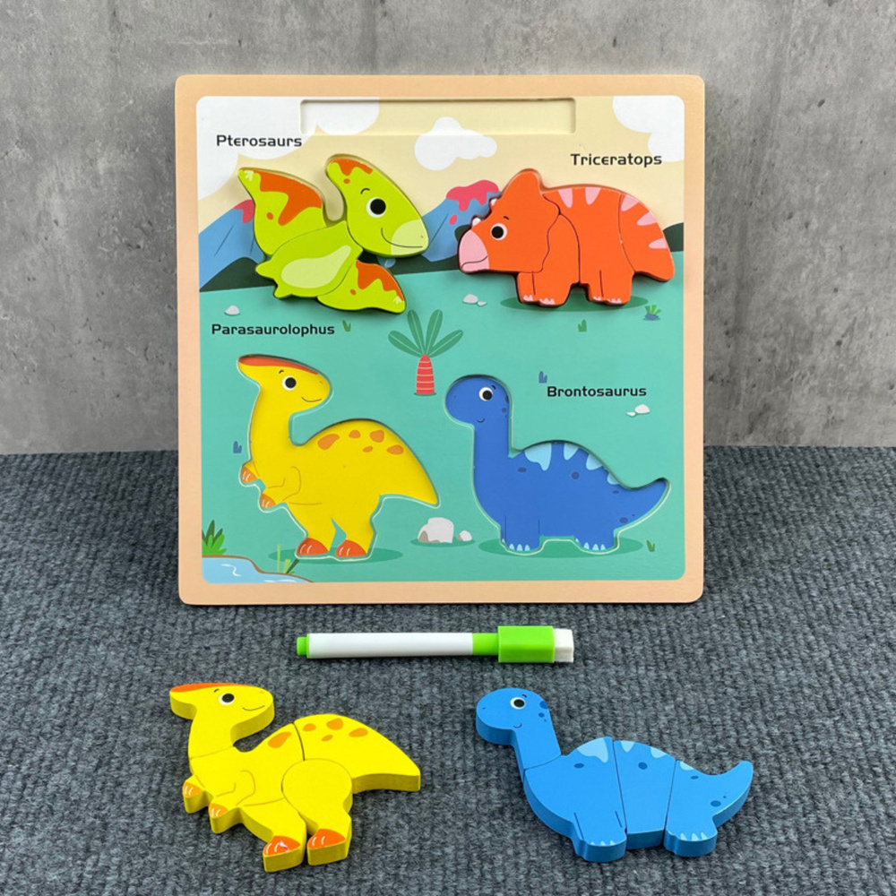 Medinė edukacinė dėlionė su dinozaurais ir piešimo lenta