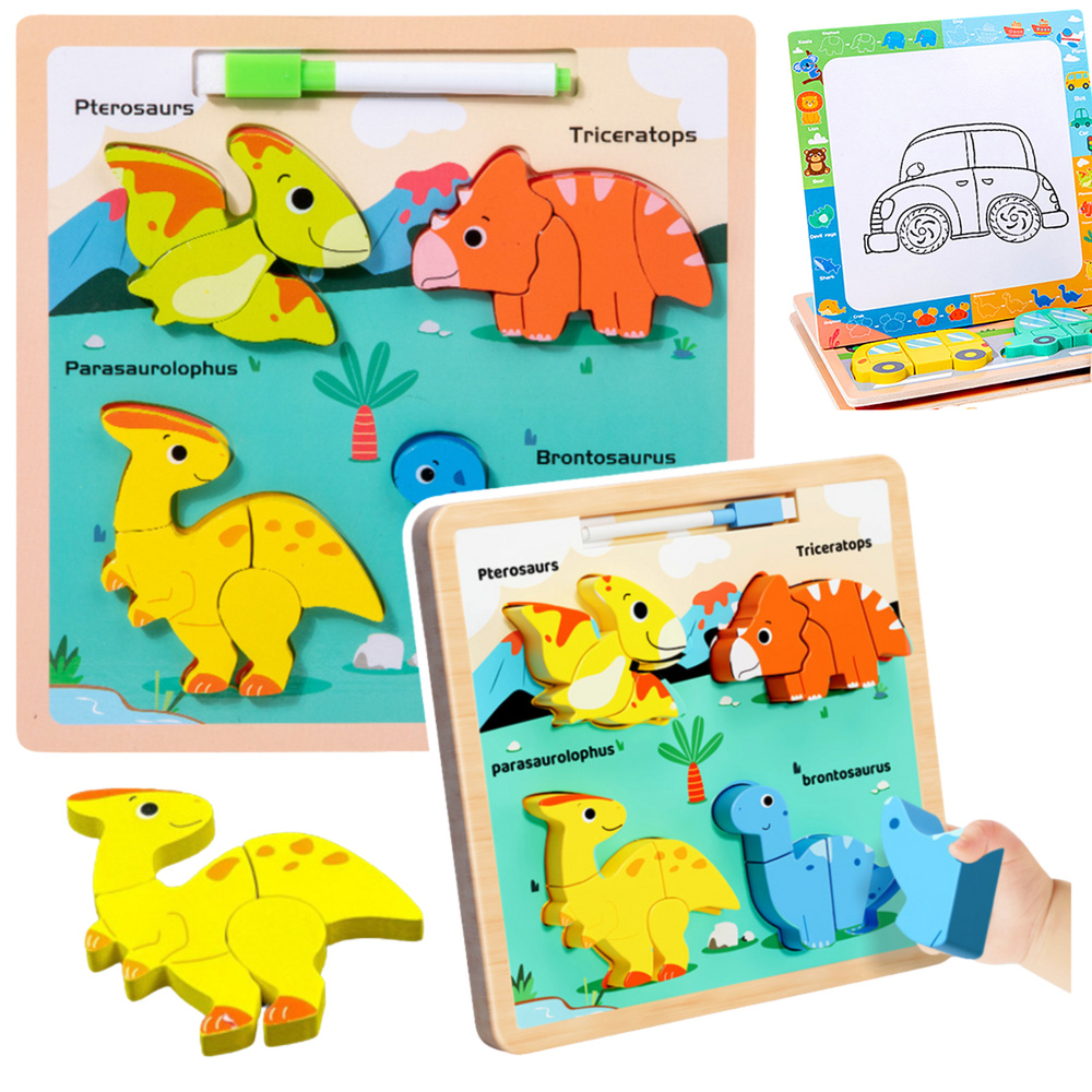 Medinė edukacinė dėlionė su dinozaurais ir piešimo lenta