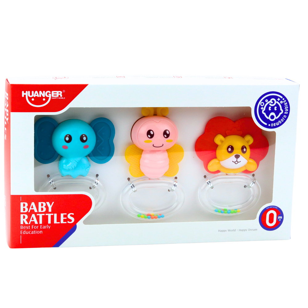 Kūdikių barškučių ir kramtukų rinkinys (dramblys, bitė, liūtas)
