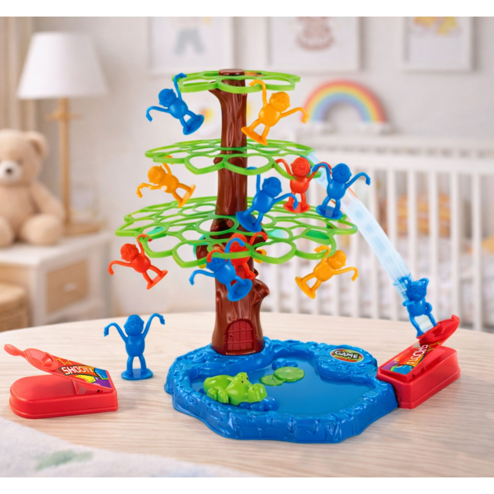 Žaidimas Jumping Monkeys medyje su ežeru ir krokodilu 3
