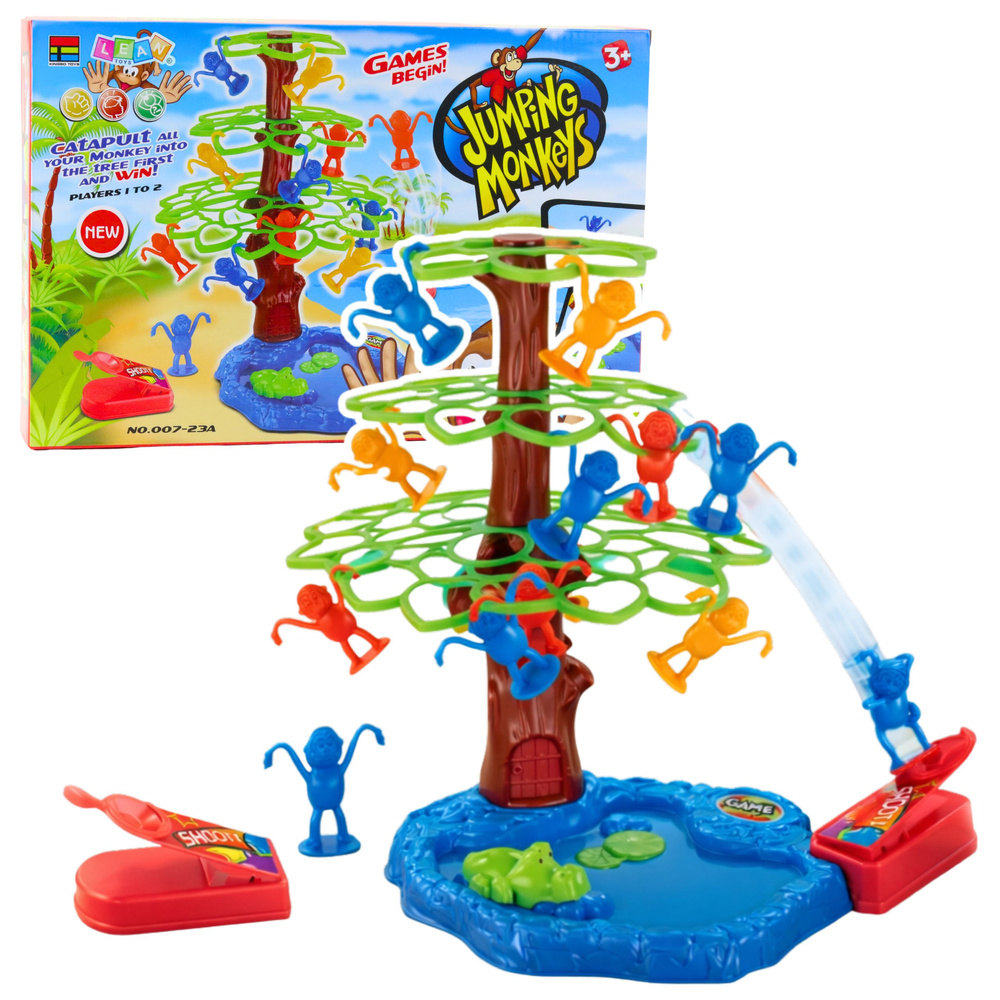 Žaidimas Jumping Monkeys medyje su ežeru ir krokodilu