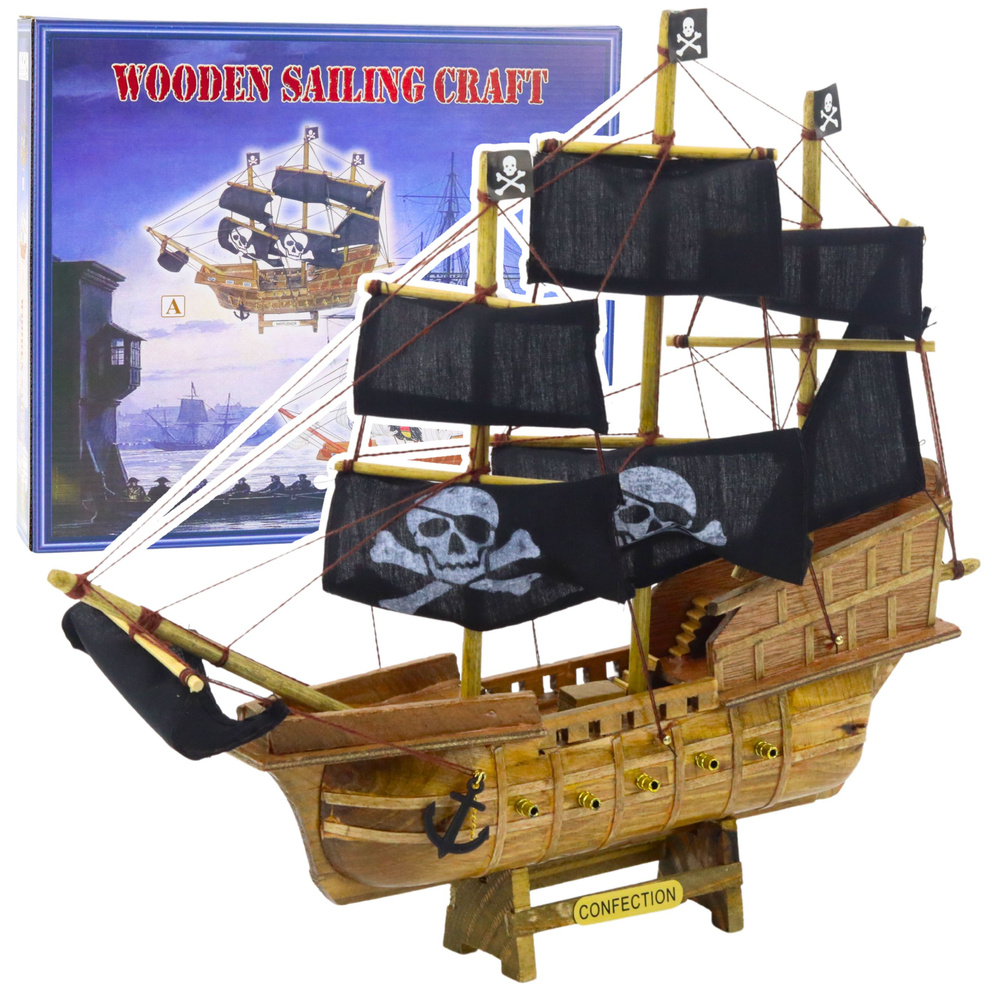 Pirato laivo modelis su juodomis burėmis 33x29 cm