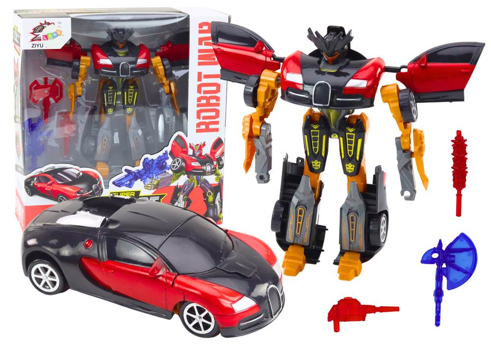 Raudonas žaislas 2in1 robotas-automobilis su ginklais