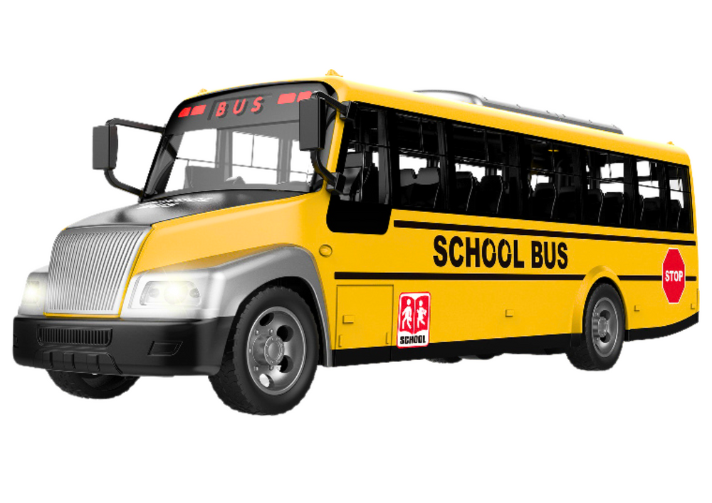 Nuotoliniu būdu valdomas geltonas mokyklinis autobusas su šviesomis