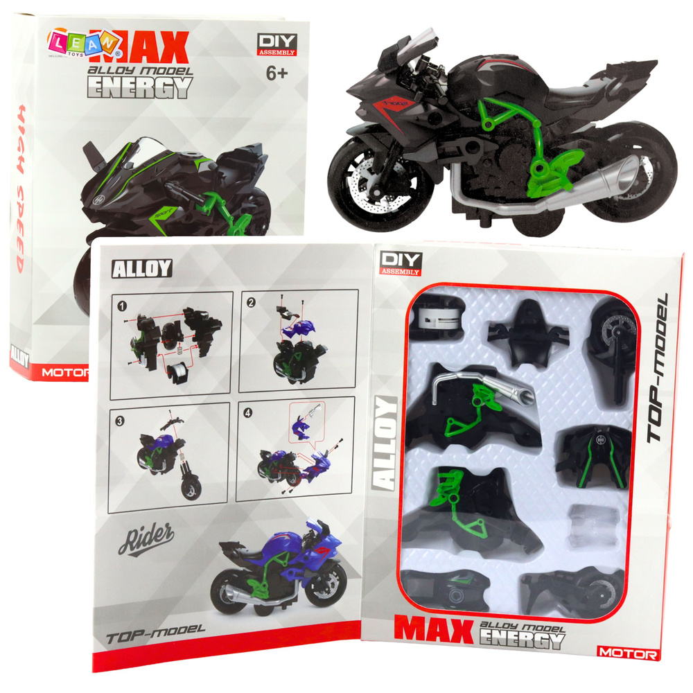 Motociklo modelis 1:14 savarankiškam surinkimui žaliai juodas