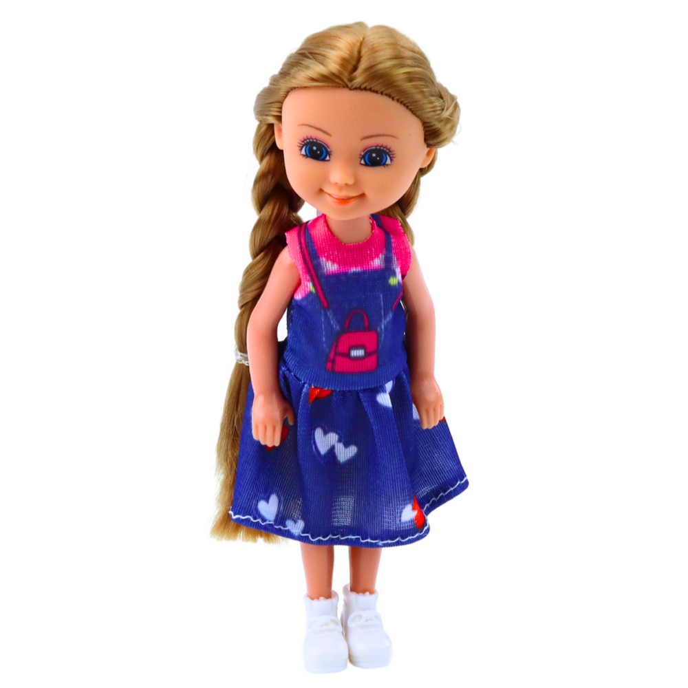 Mini lėlė su ilgais plaukais ir suknele, 15 cm