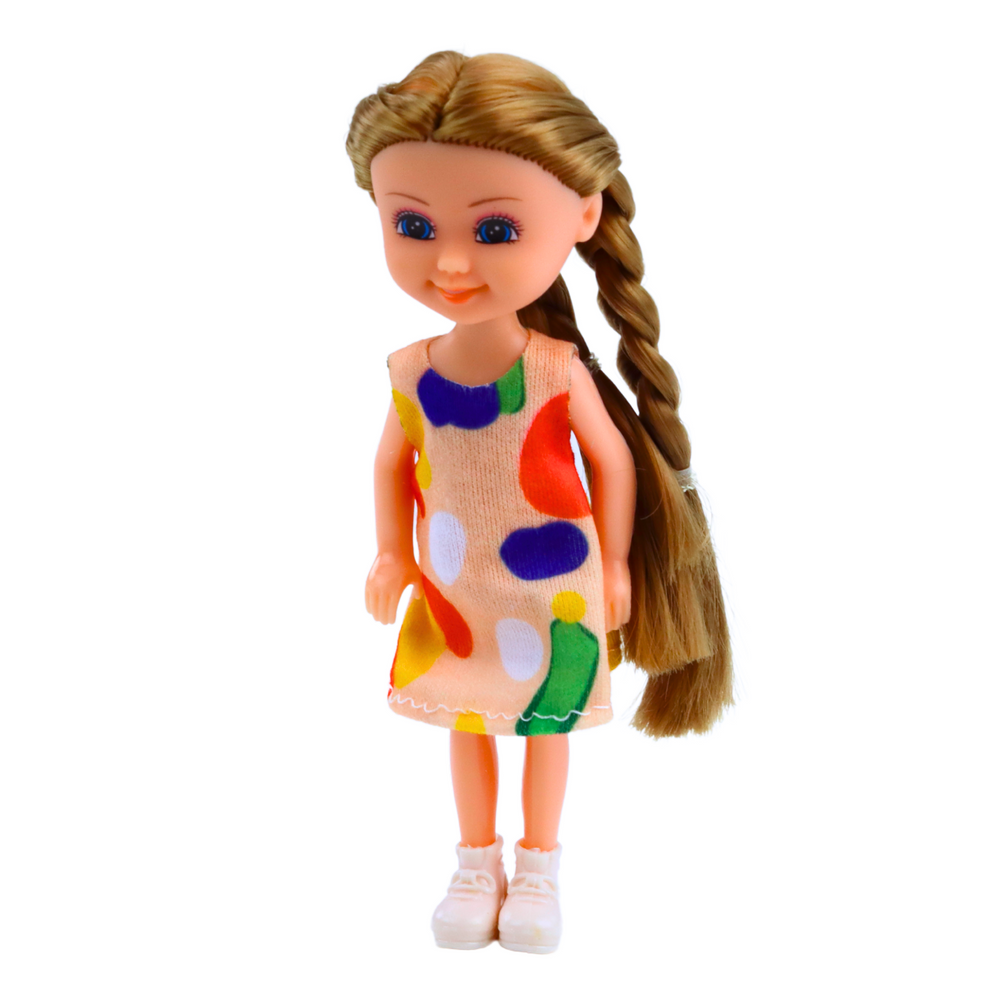 Mini lėlė su ilgais plaukais ir suknele, 15 cm