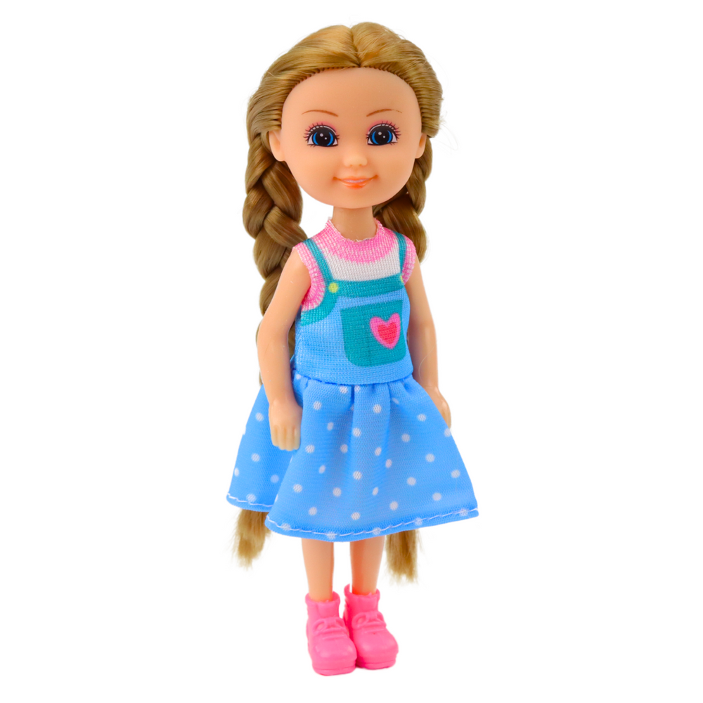 Mini lėlė su ilgais plaukais ir suknele, 15 cm
