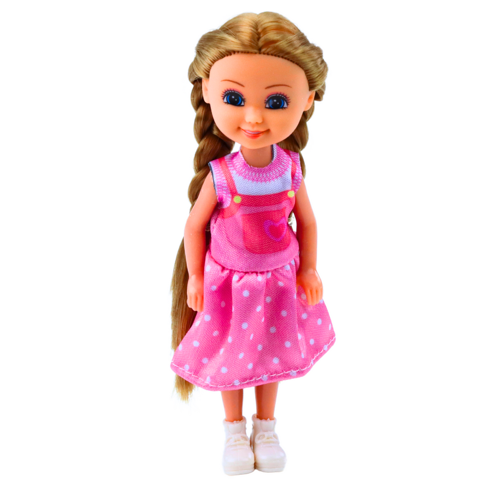Mini lėlė su ilgais plaukais ir suknele, 15 cm