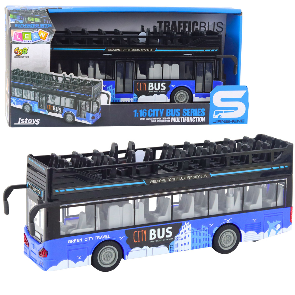 Dviaukštis miesto autobusas 1:16 su šviesomis ir garsais, mėlynas