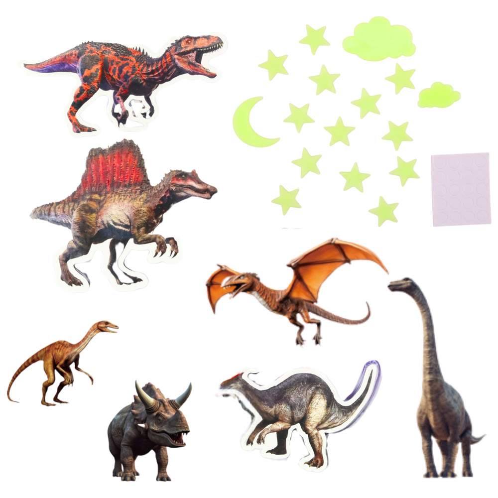 Fluorescenciniai lipdukai su dinozaurais ir žvaigždėmis