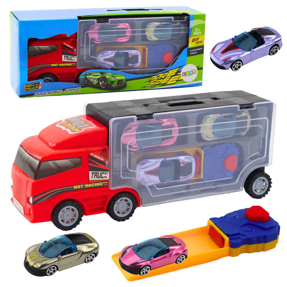 Sunkvežimis su garažu, paleidėju ir trimis automobiliais