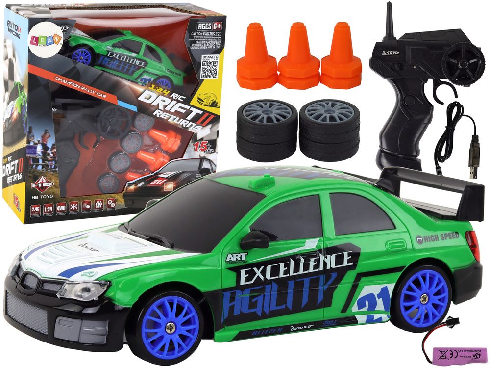 Nuotoliniu būdu valdomas sportinis automobilis 1:24, žalias, su keičiamais ratais
