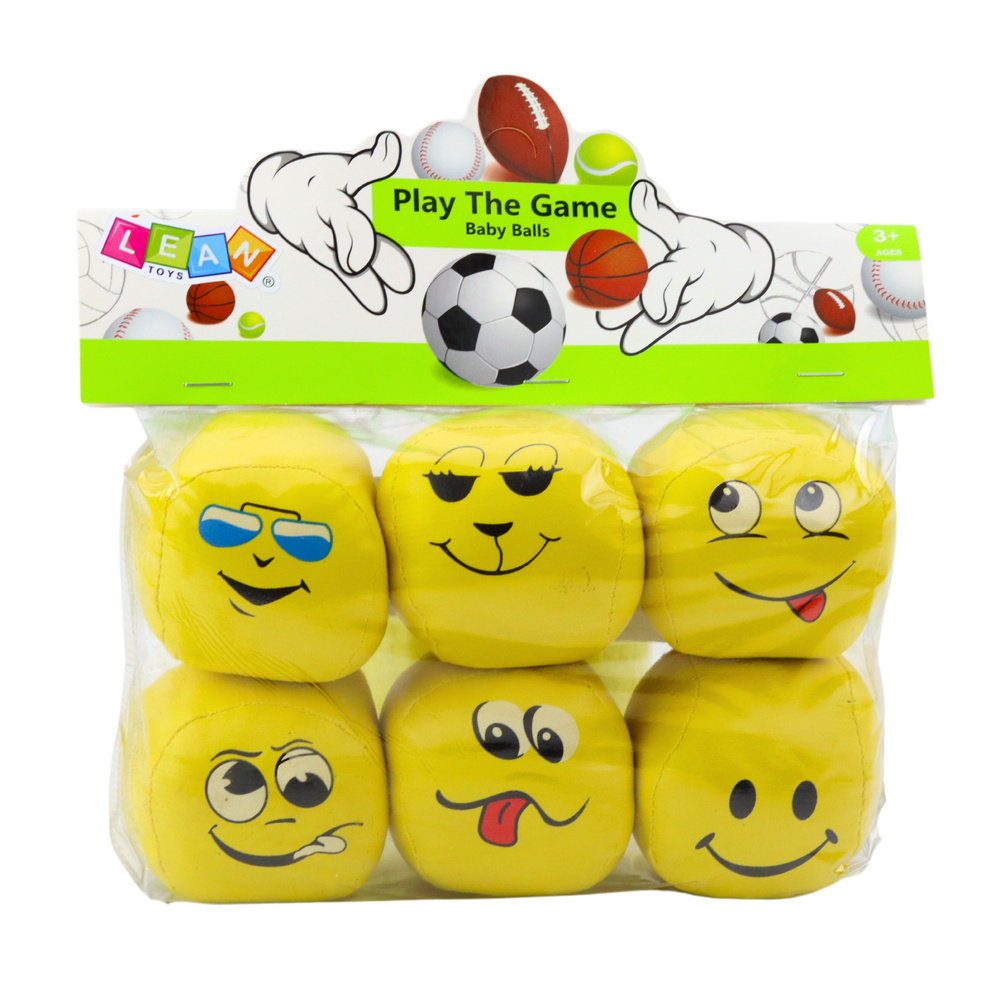 Minkštų geltonų kamuoliukų su emocijomis rinkinys, 6 vnt., 7 cm