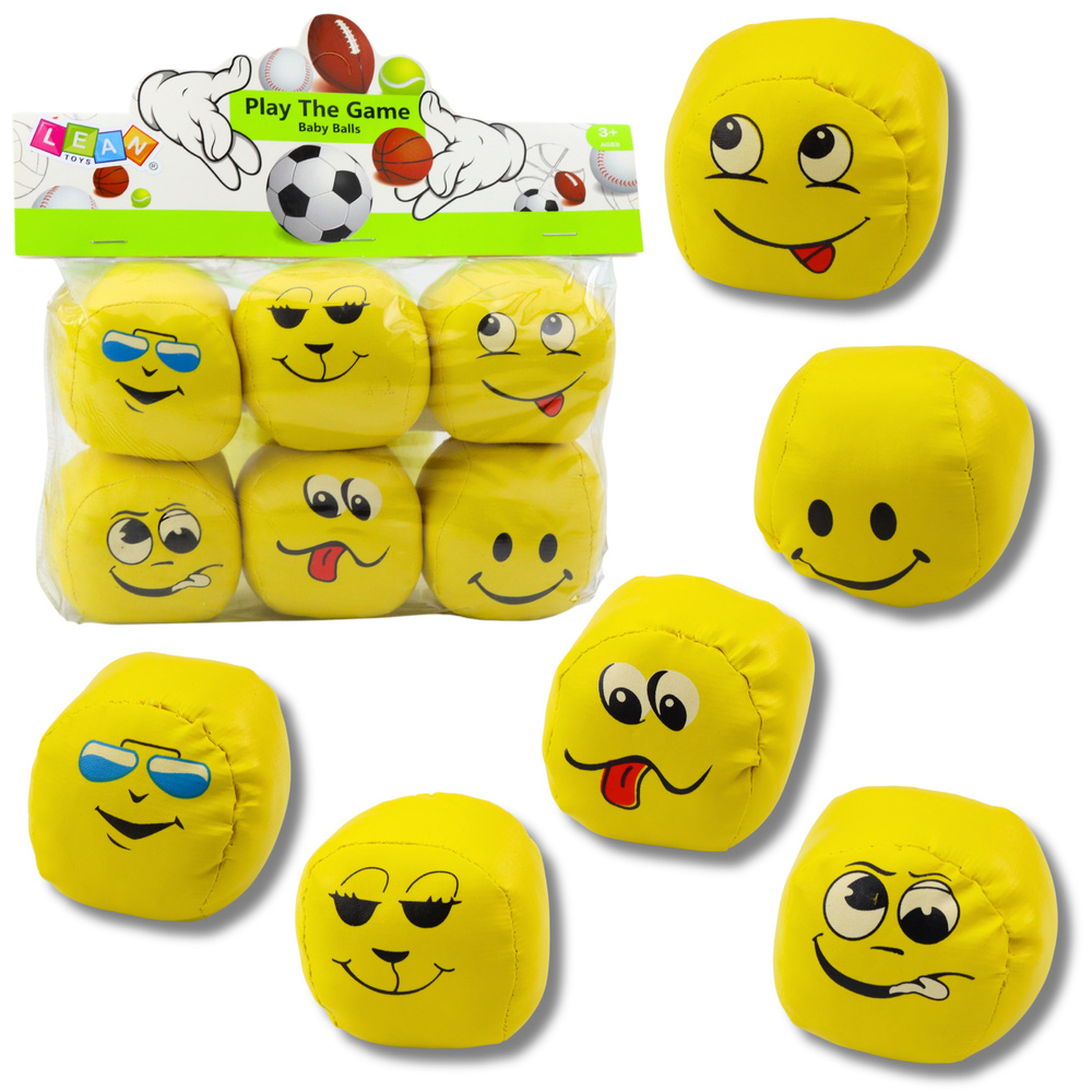 Minkštų geltonų kamuoliukų su emocijomis rinkinys, 6 vnt., 7 cm