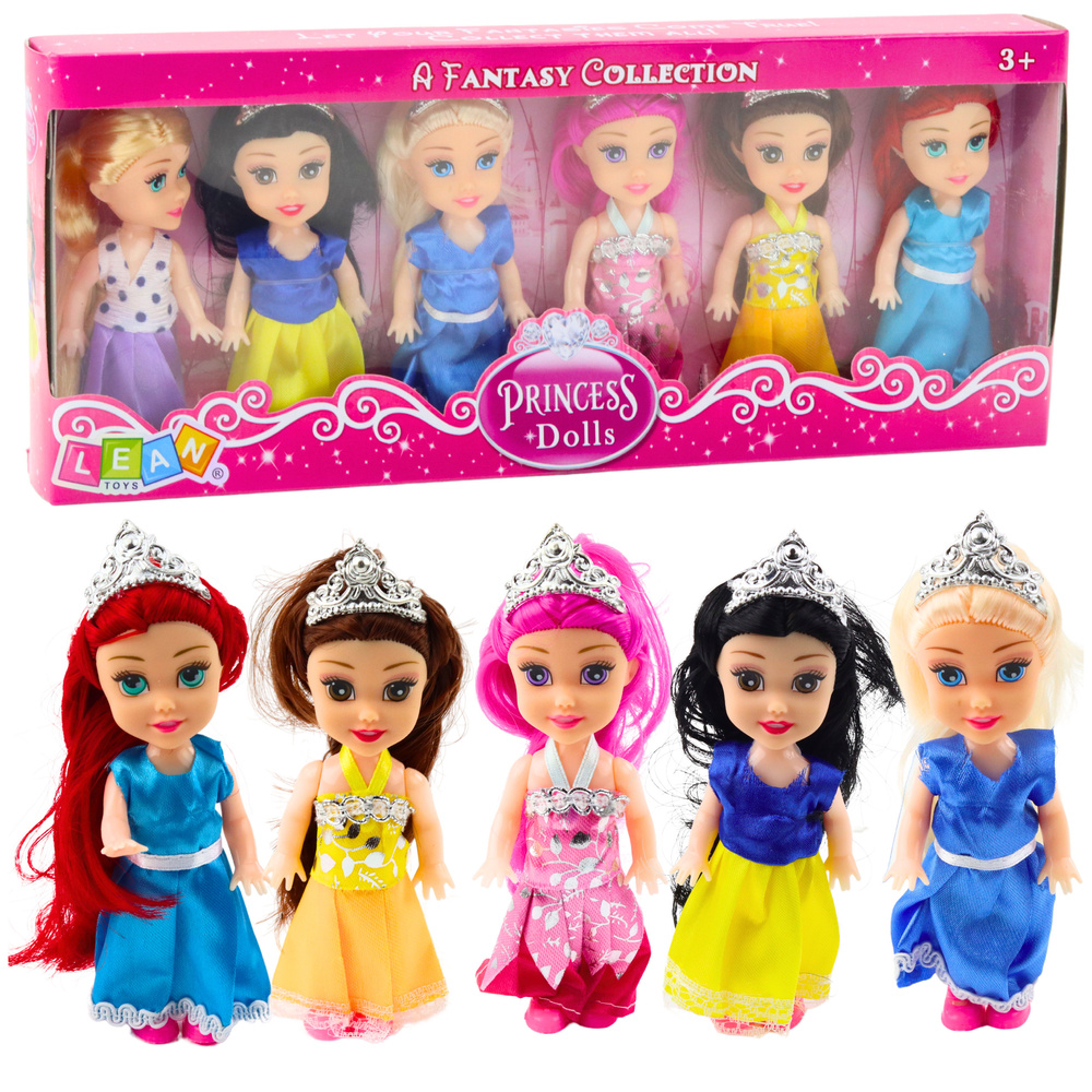Mini princesių lėlių rinkinys su pasakų suknelėmis, 6 vnt.