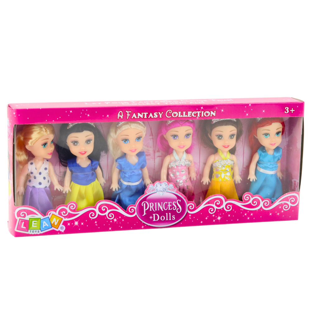 Mini princesių lėlių rinkinys su pasakų suknelėmis, 6 vnt.