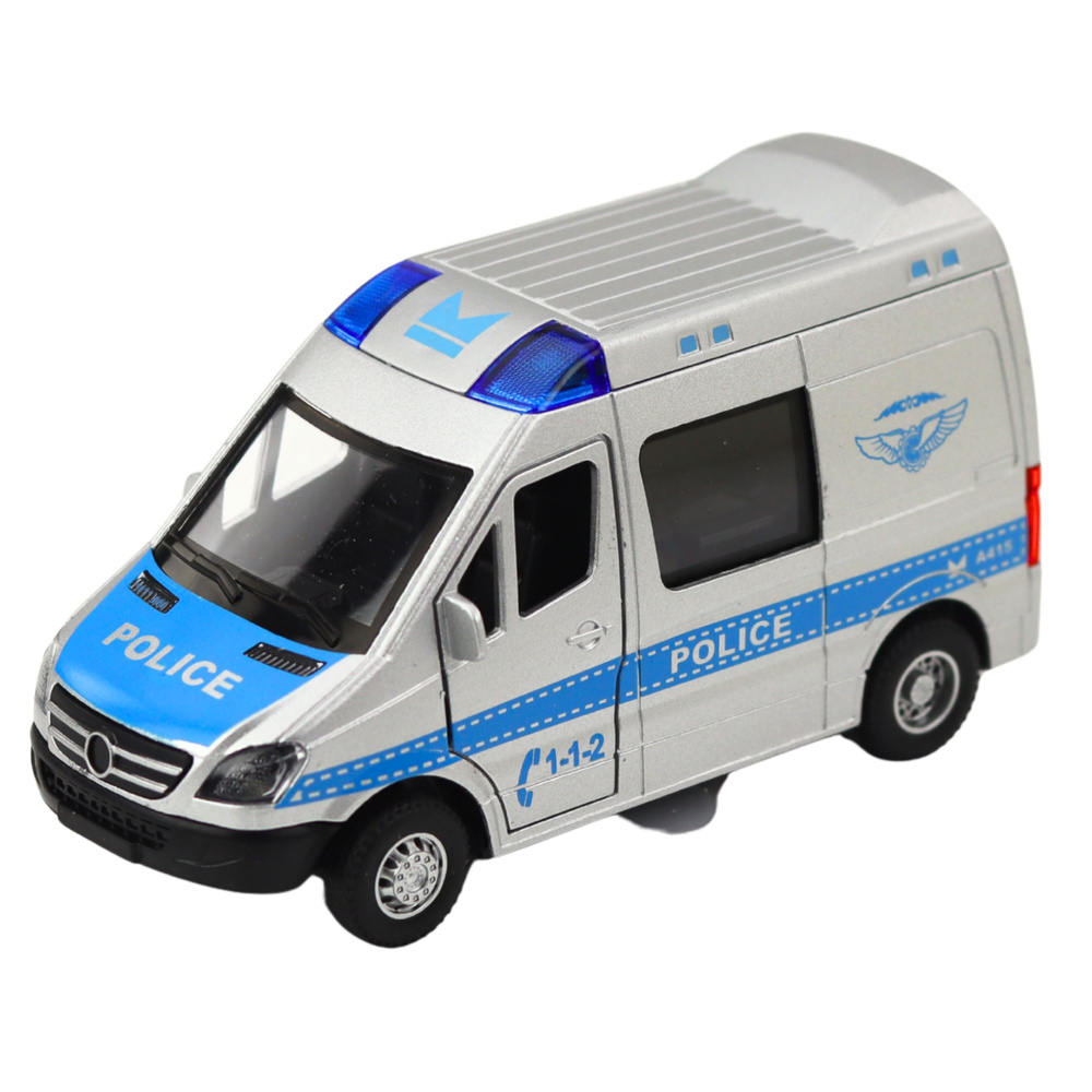 Policijos automobilis 1:32 su traukimo mechanizmu, šviesomis ir garsu
