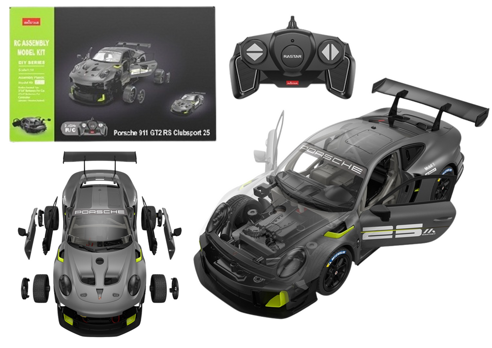 Rastar nuotolinio valdymo konstruktoriaus rinkinys 1:18 porsche 911 gt2 pilka (68 elementai)