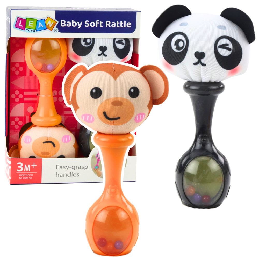 Sensorinių barškučių rinkinys - beždžionė ir panda, 17 x 5.8 x 9 cm