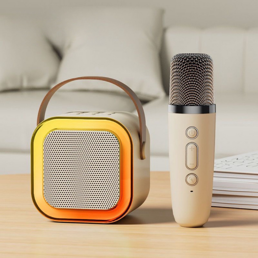 Belaidė karaoke kolonėlė su mikrofonu K12 RGB Bluetooth smėlinė 3