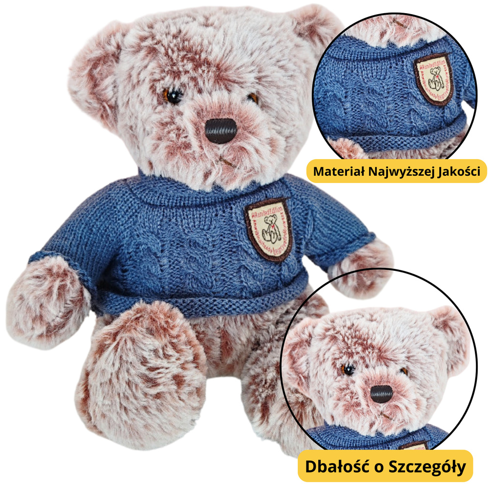 Pliušinis meškiukas pilkas 21 cm mėlynu megztuku