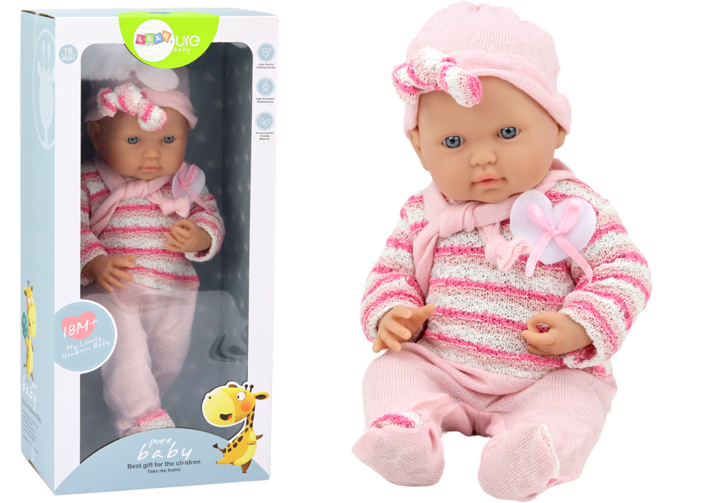 Kūdikio lėlė su dryžuotu rožiniu megztiniu lean toys