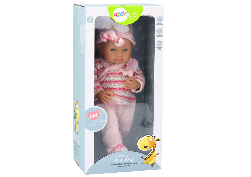 Kūdikio lėlė su dryžuotu rožiniu megztiniu lean toys