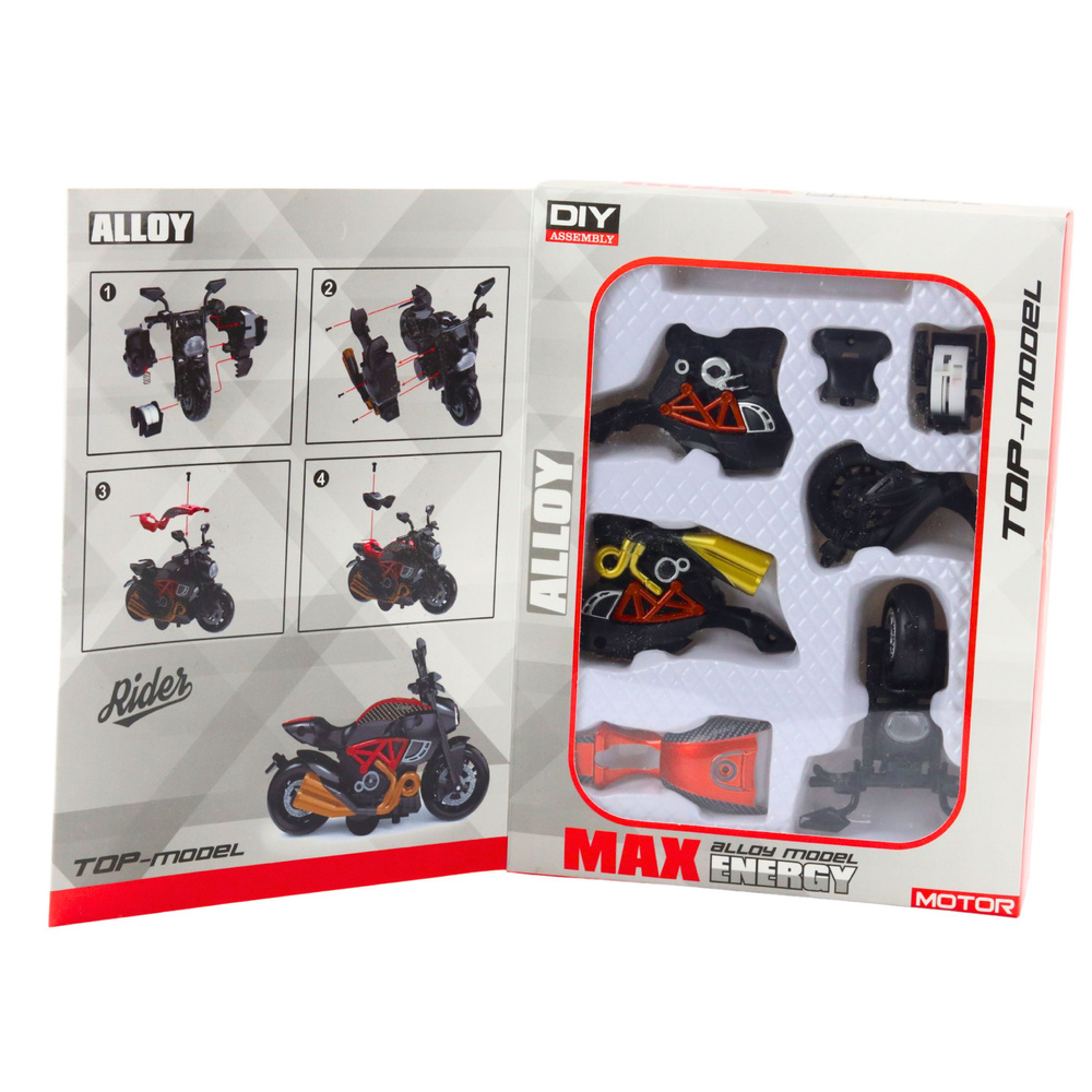 Motociklo modelis 1:14 surinkimui, juoda ir oranžinė spalvos 2